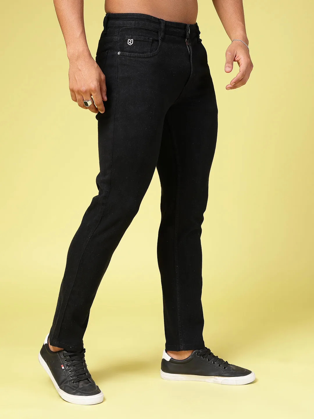 Solid Slim Fit Button Zipper Jeans