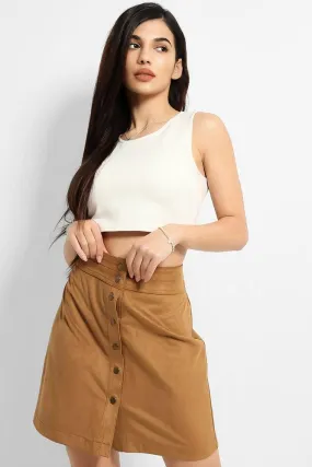 Tan Vegan Suede Popper Button Front Skirt