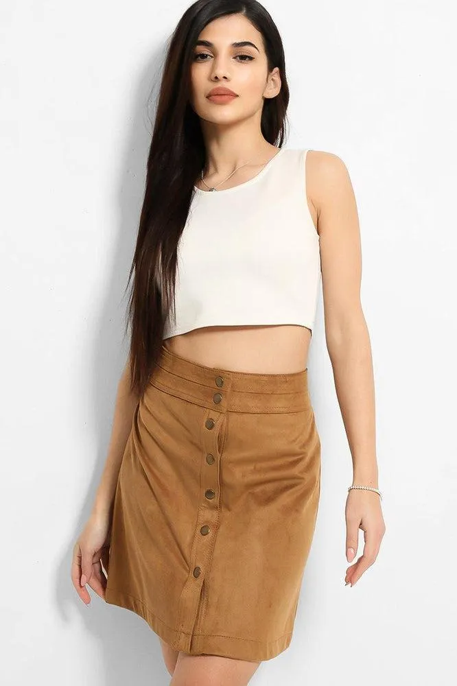 Tan Vegan Suede Popper Button Front Skirt