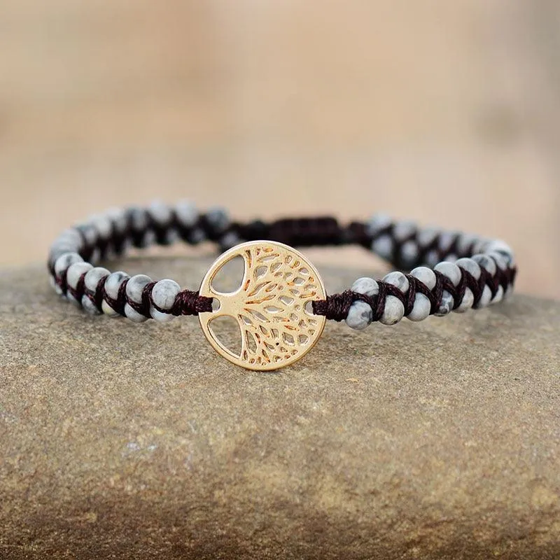 Tree of Life Charm & Grey Jasper Cuff Bracelet