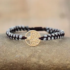 Tree of Life Charm & Grey Jasper Cuff Bracelet