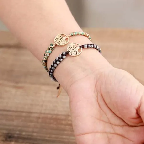 Tree of Life Charm & Grey Jasper Cuff Bracelet