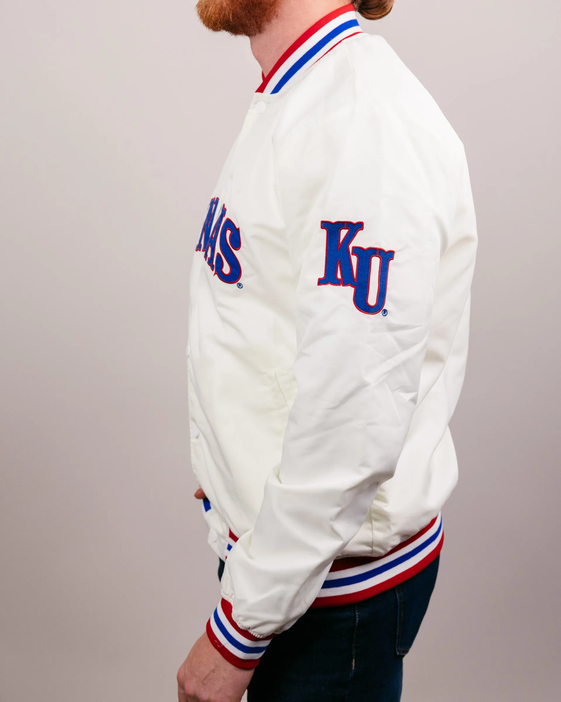 University of Kansas Arch Vintage White Varsity Jacket