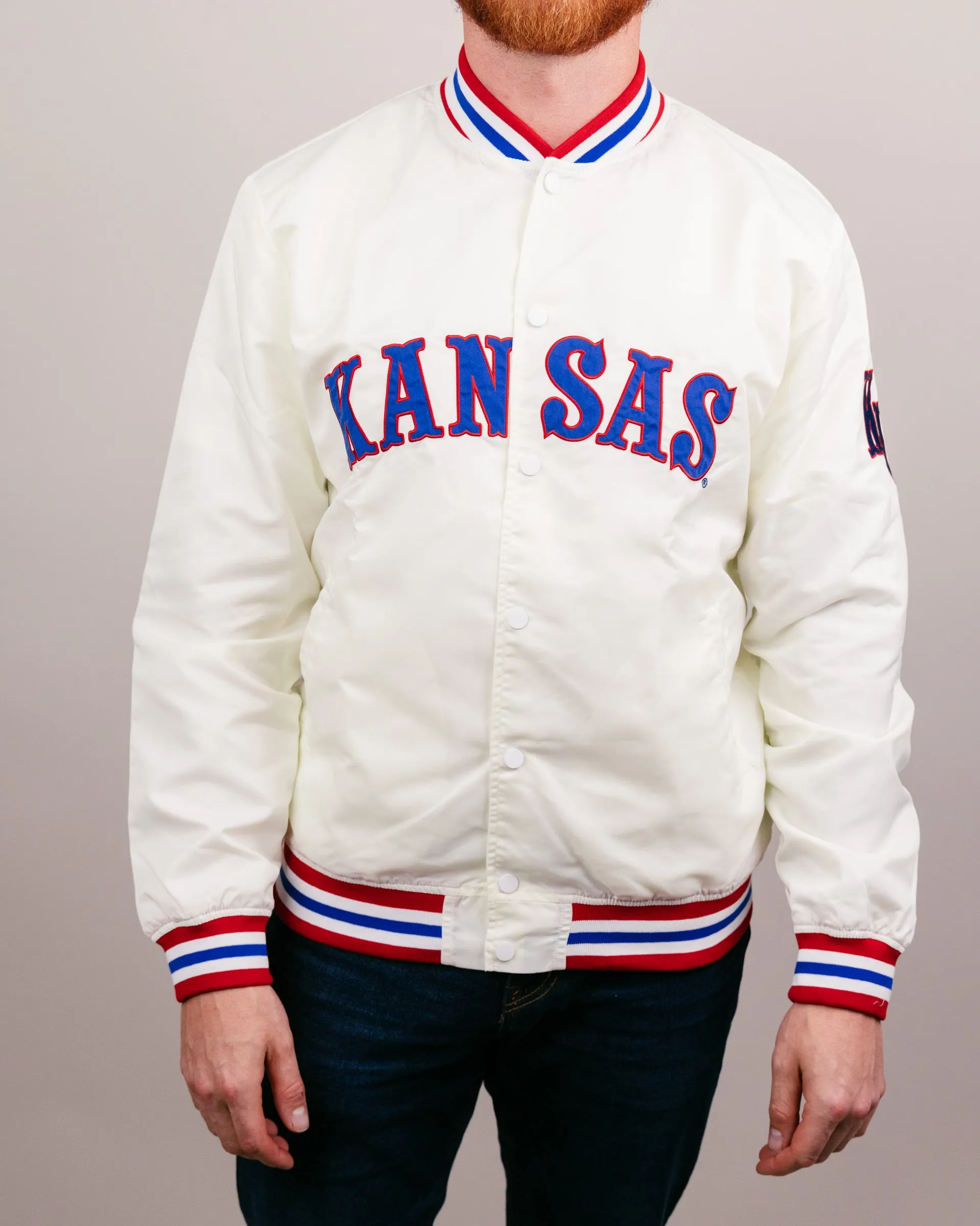 University of Kansas Arch Vintage White Varsity Jacket