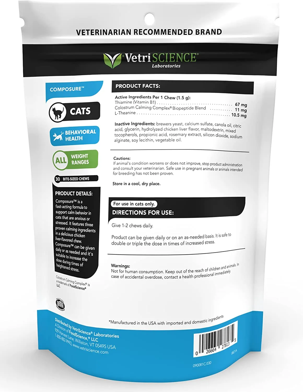 VetriScience Composure Calming Supplement for Cats, Chew, Chicken Flavor 30 Count