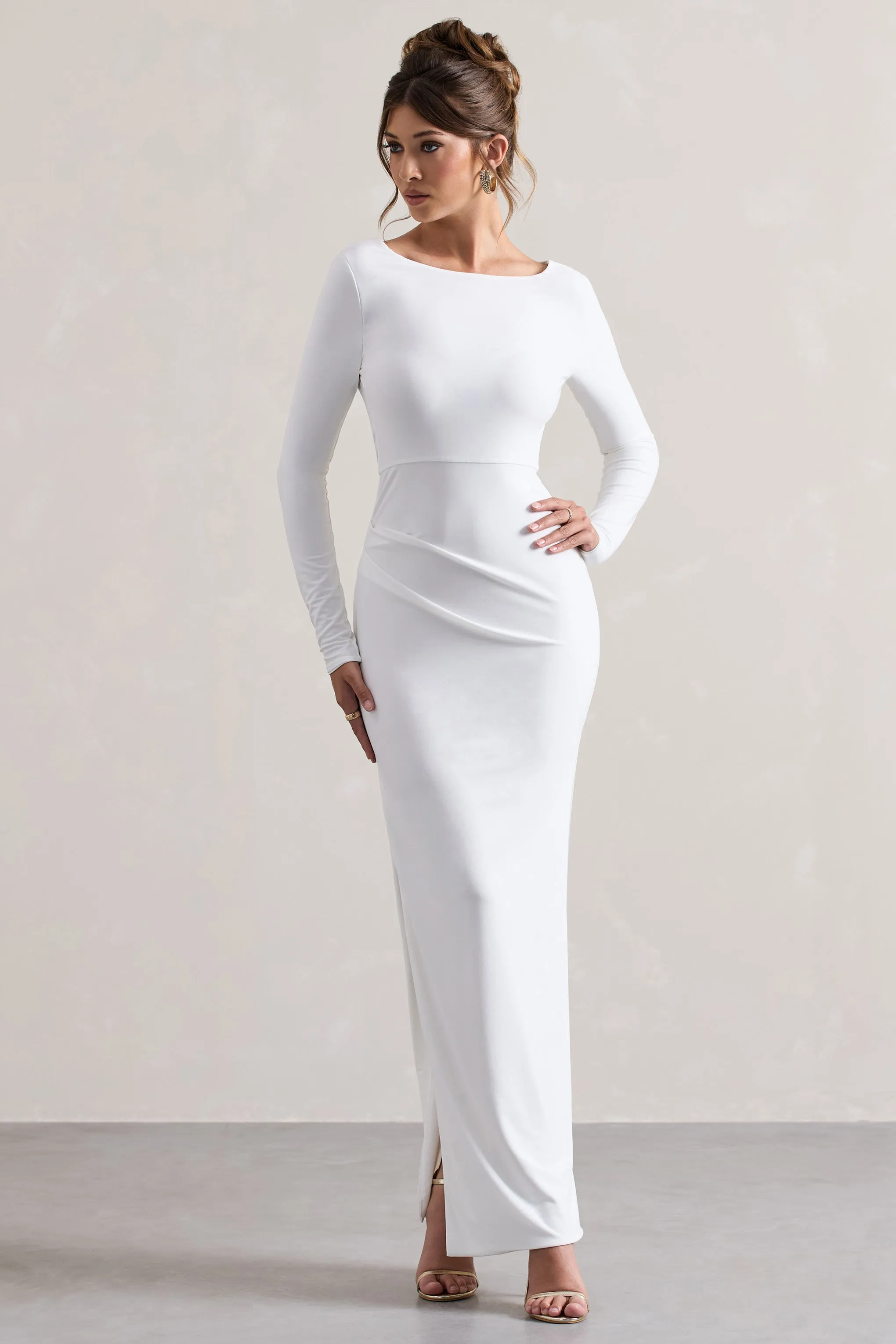 Virgo | White Cowl-Back Long-Sleeve Split Maxi Dress