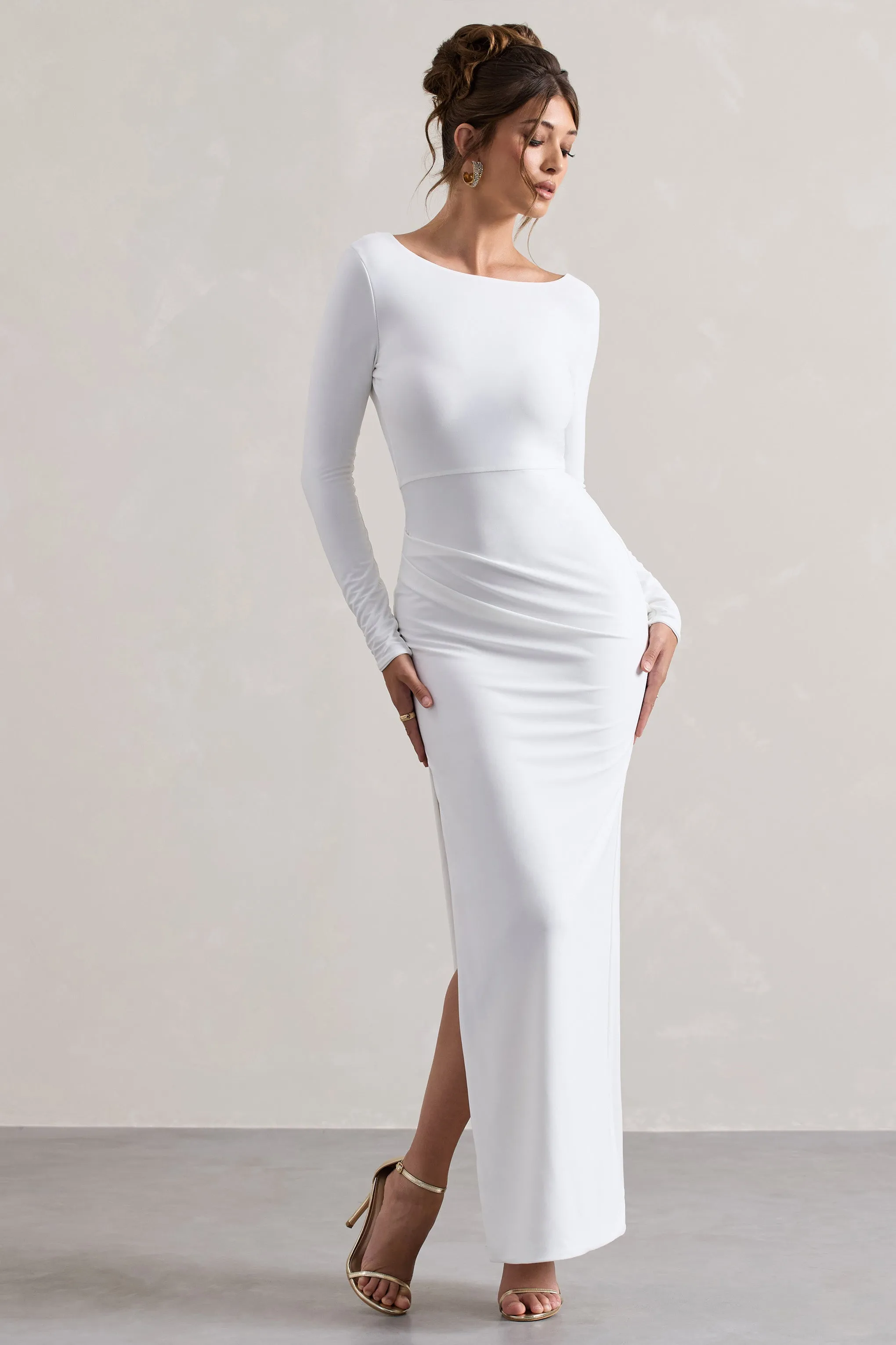 Virgo | White Cowl-Back Long-Sleeve Split Maxi Dress