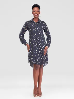 Vivo Yumi Long Sleeve Shirt Dress - Black / Taupe Print