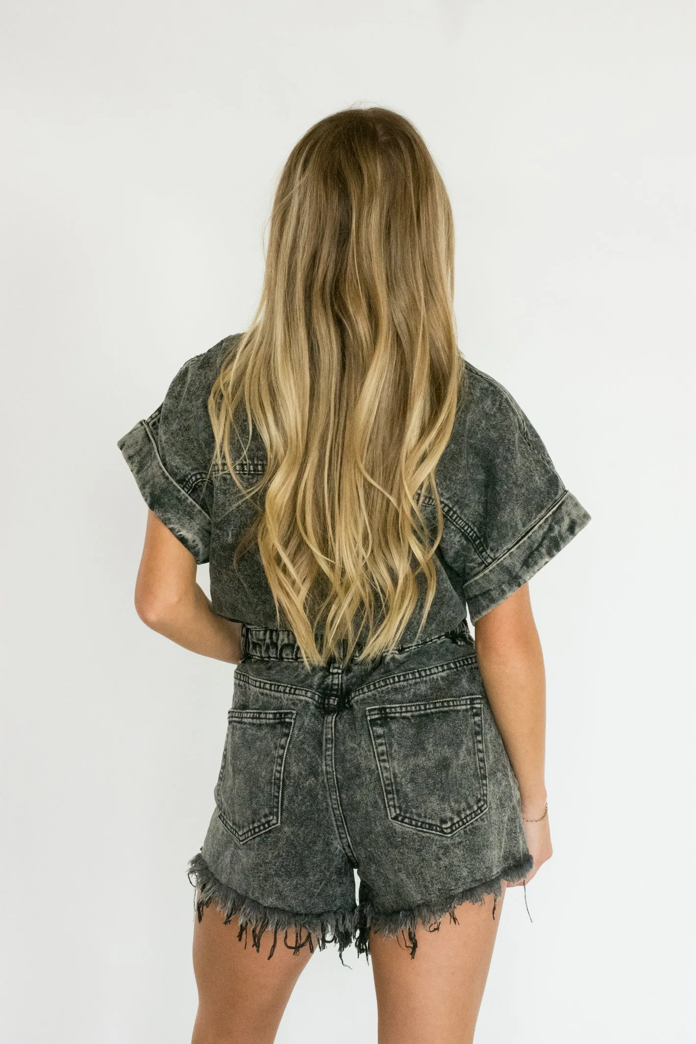 Walk the Walk Washed Black Denim Short Sleeve Romper