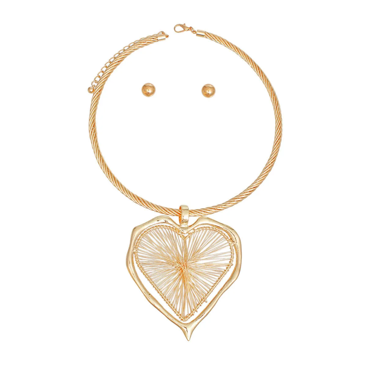 Wire Heart Pendant Necklace Set - Gold