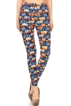 Women's 3 X 5X Campervan RV Pattern Printed Leggings - One Size / Orange