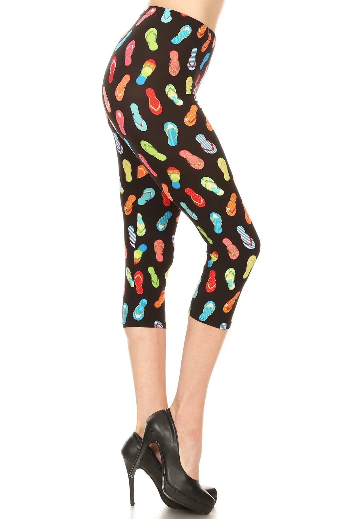 Women's 3X5X Colorful Flip-Flops Sandal Printed Cropped Capri Leggings