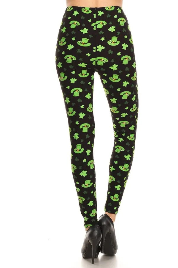 Women's Plus St Patrick's Hat Clover Pattern Printed Leggings